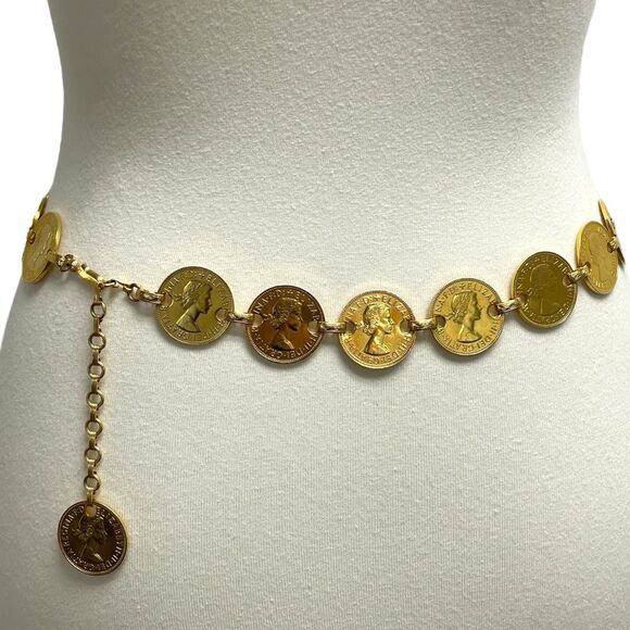 Vintage Queen Elizabeth II One Pense Coin Belt. Chain Coins belt Gold tone UK main image 8